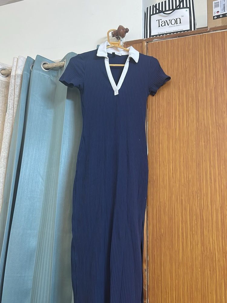 Navy Ribbed Polo Collar Midi Dress