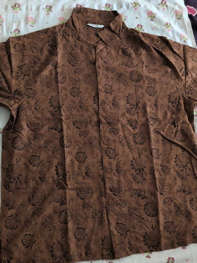 Brown Floral Print Button-Up Shirt