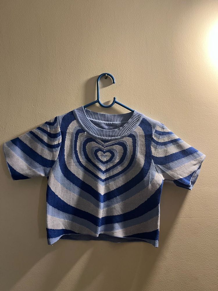 Blue Heart Knit Cropped Top