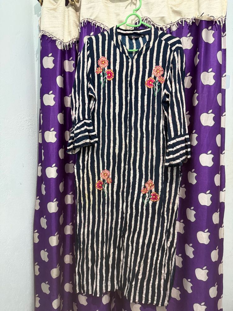 Striped Kurti with Floral Embroidery