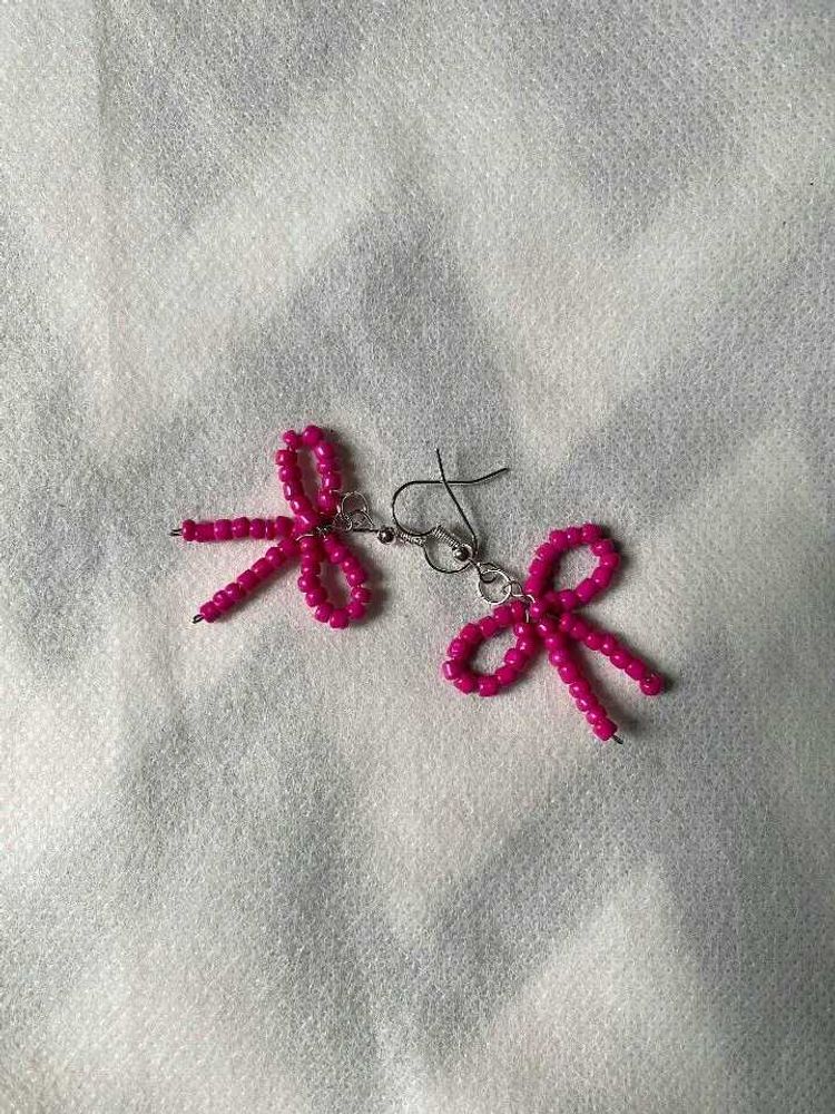 Cute Pink Beaded Bow Earrings