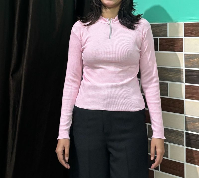 Cute Pink Ribbed Zip-Up Top