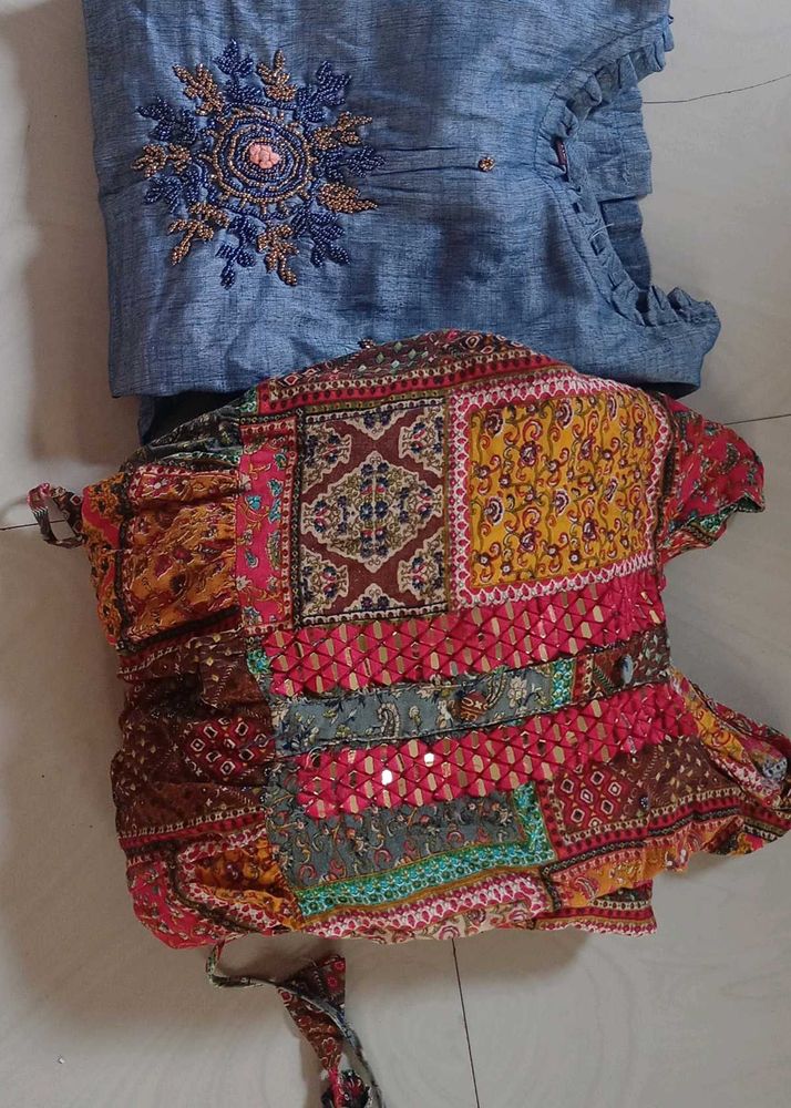 Embroidered Blue Kurta with Patchwork Skirt