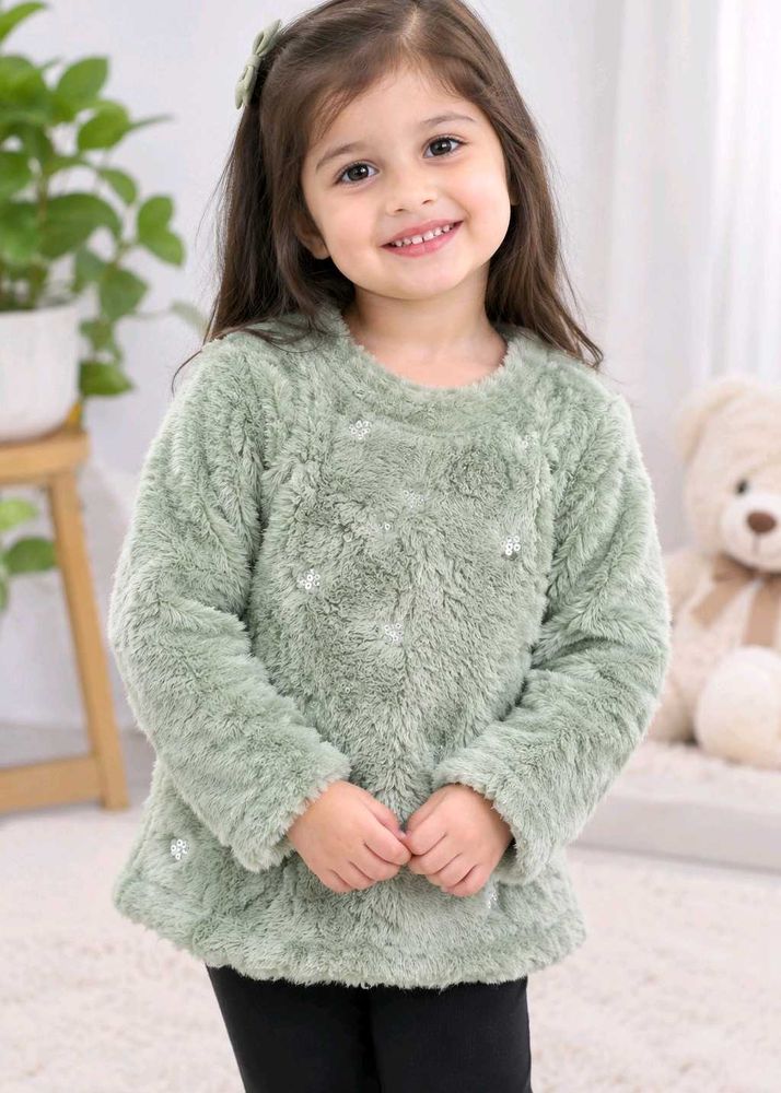 🧸 Cute Girls Mint Green Fuzzy Winter Top | Full S