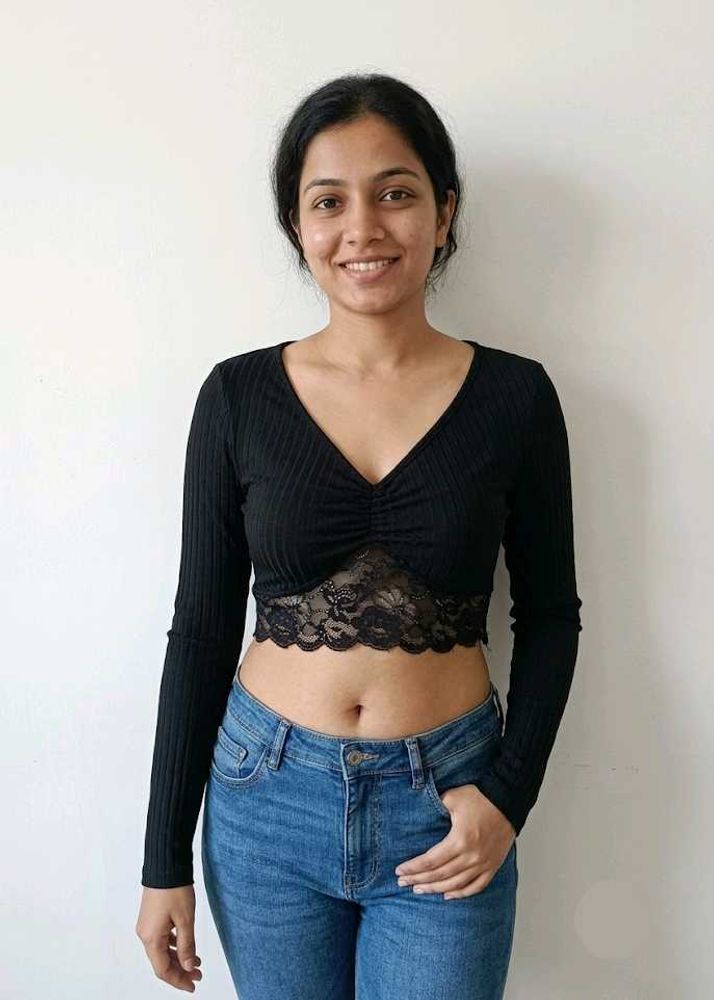 Chic Black Lace Trim Crop Top Fixed Price
