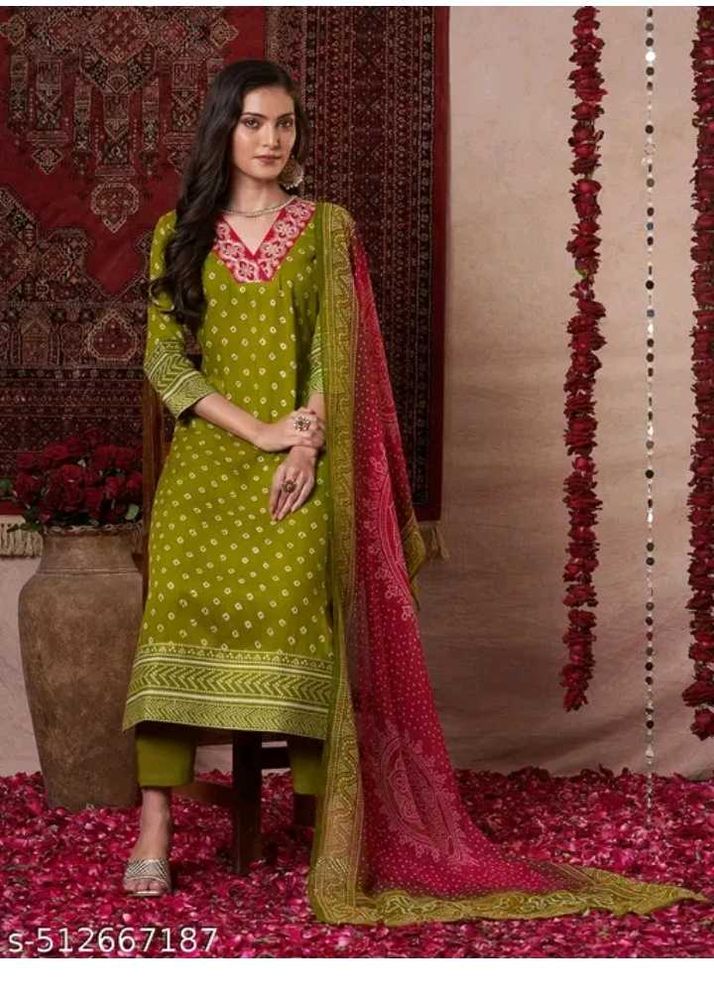 Green Printed Kurta  with Dupatta