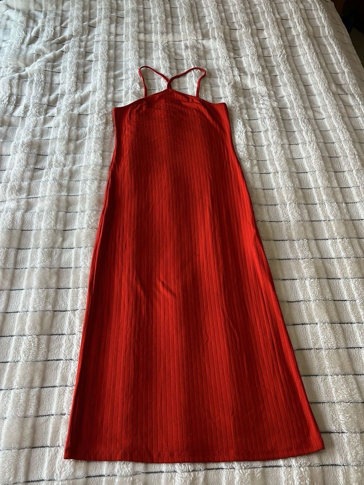 Red Ribbed Strapless Dress