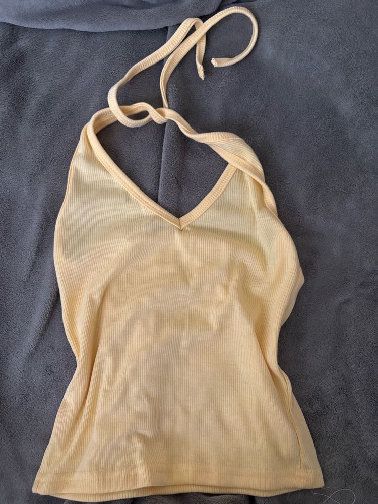 Light Yellow Halterneck Ribbed Tank Top