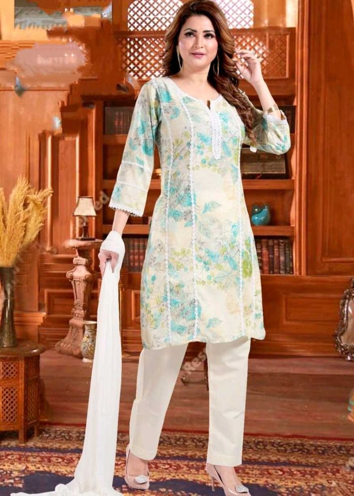 Floral Print with lace work cotton Kurta Set