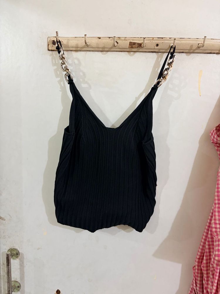 Black Ribbed Tank Top with Chain Straps