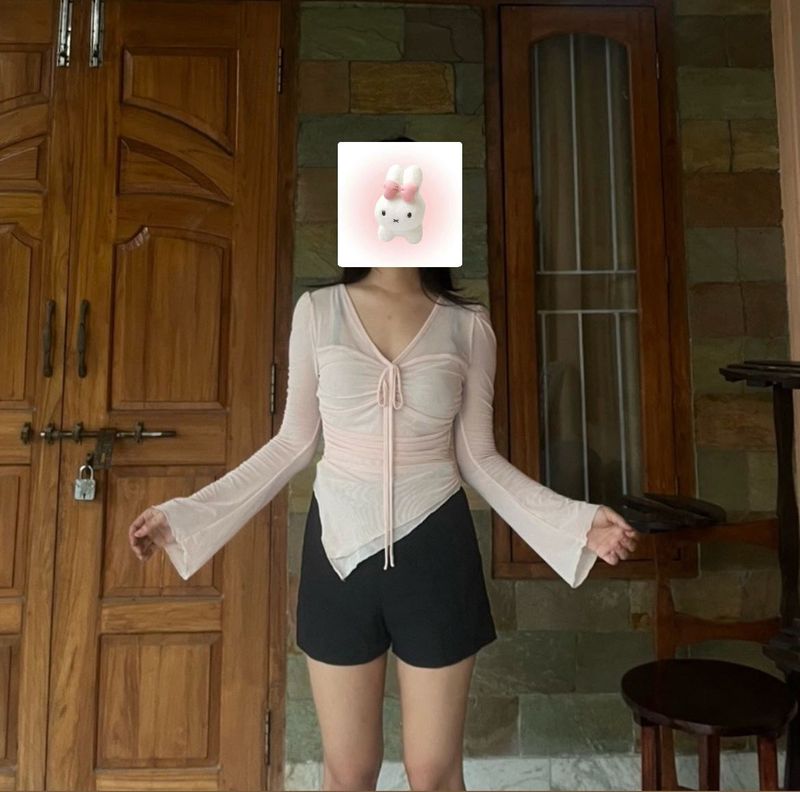 Sheer Bell Sleeve Tie-Front Top