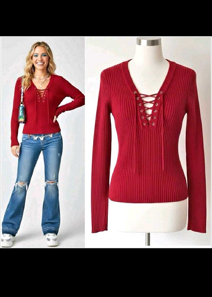 FOREVER 21 Ribbed Knit Lace-Up Top