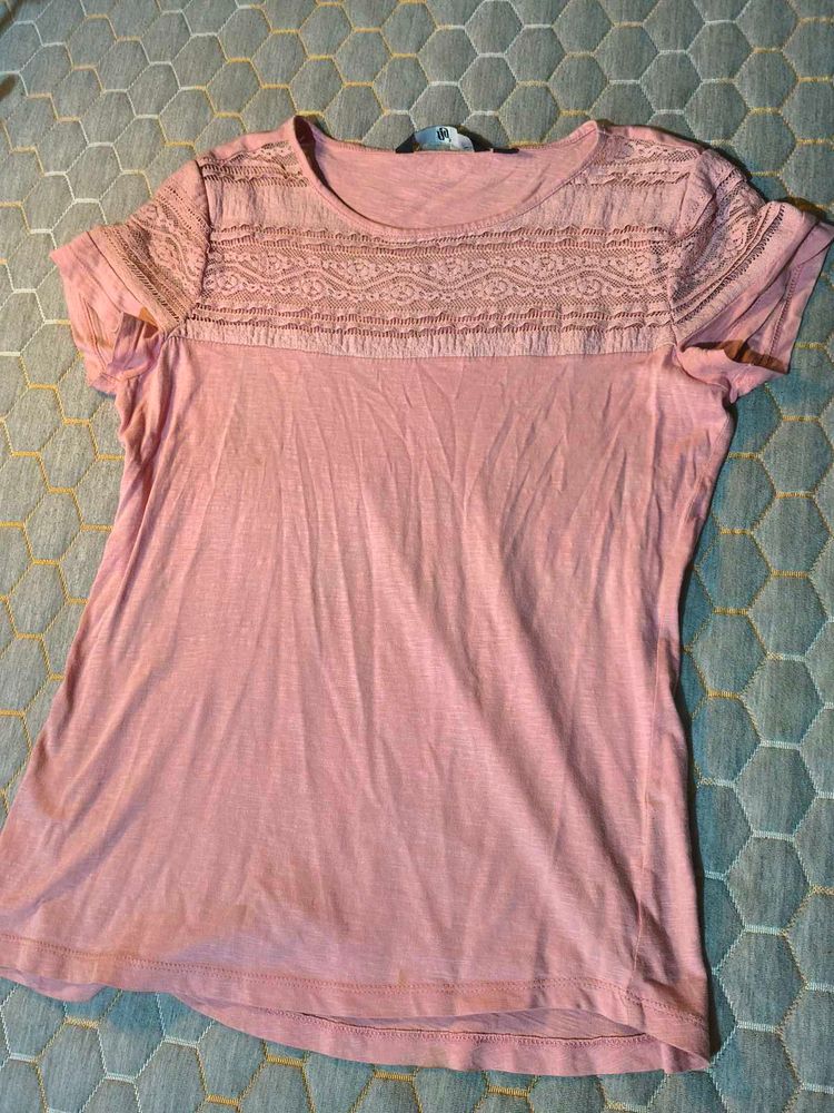 Pink Lace Detail T-Shirt