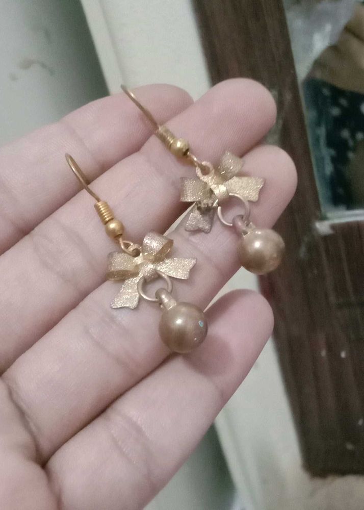 Gold Bow &amp; Pearl Drop Earrings
