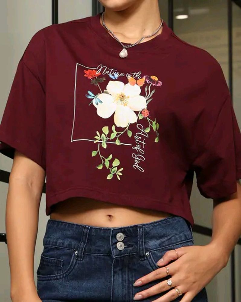 Shein Drop Shoulder Floral Print Boxy Fit Crew Top