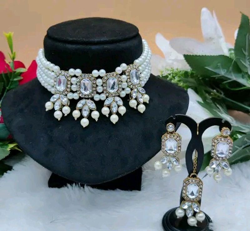 Elegant Pearl &amp; Crystal Choker Set