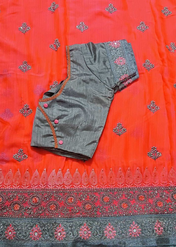 Beautiful Pink Saree with Grey Blo