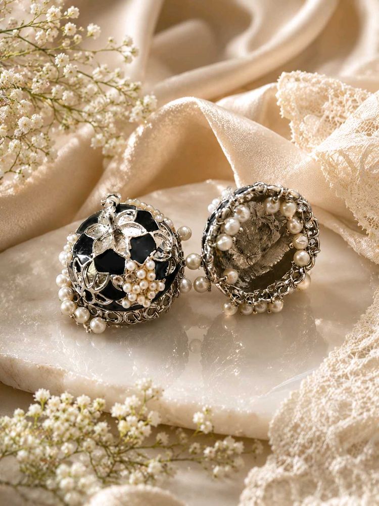 Exquisite Pearl &amp; Black Jhumkas