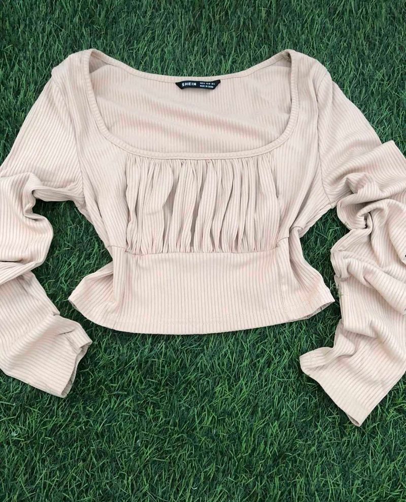 Ruched Square Neck Ribbed Long Sleeve Top