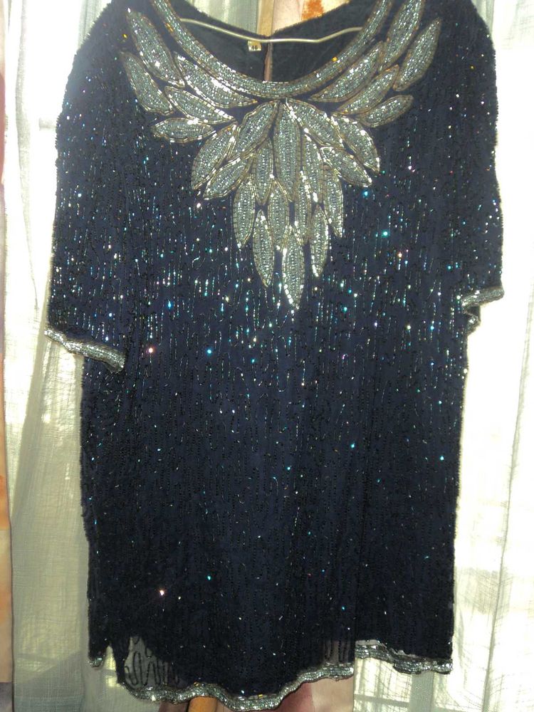 Blue and White Iridescent Sequence Beaded Top