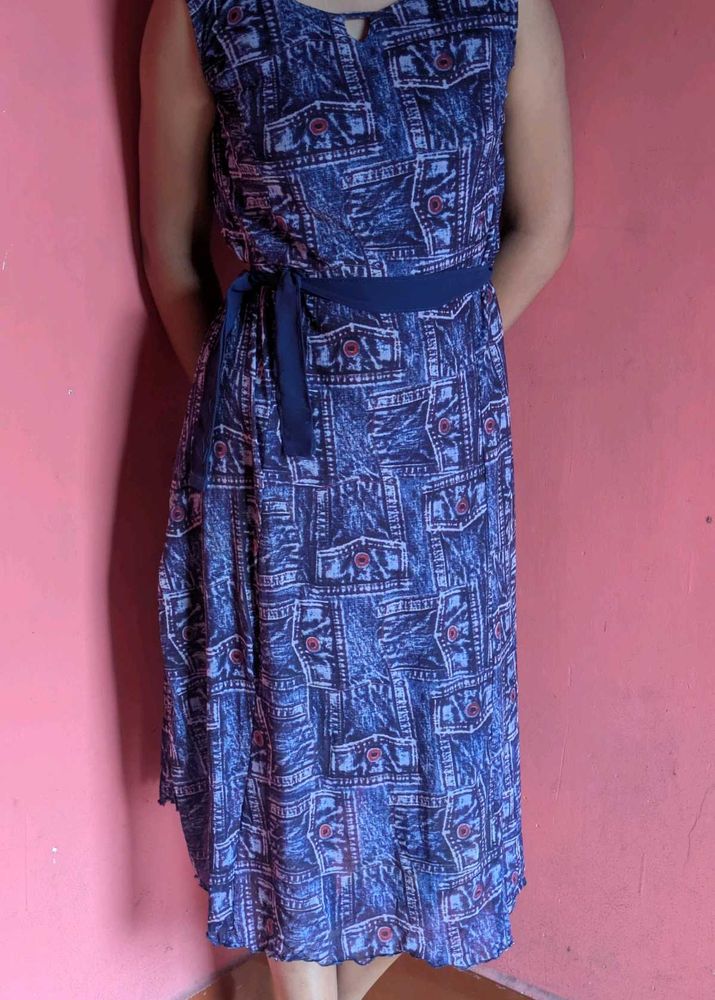 Blue Denim Print Midi Dress