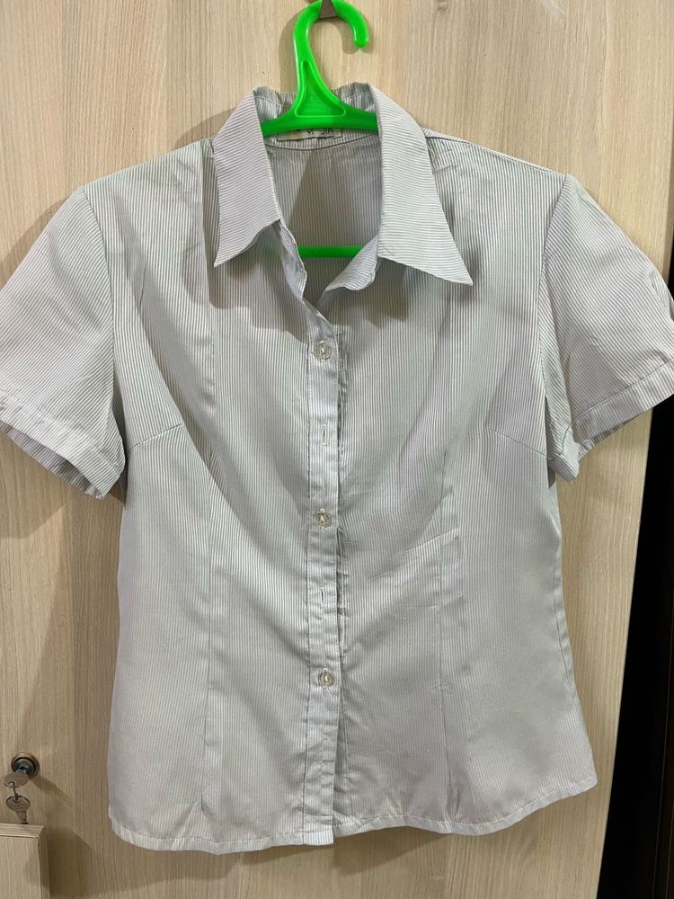 Striped Short Sleeve Button-Up Top