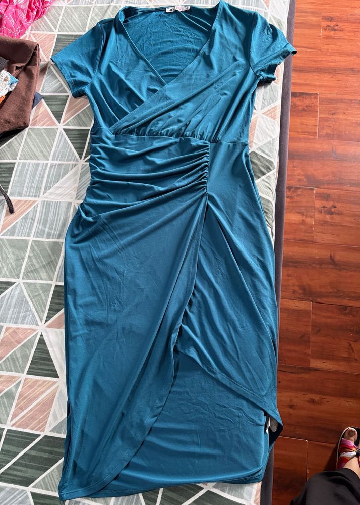 Teal Ruched Wrap Midi Dress