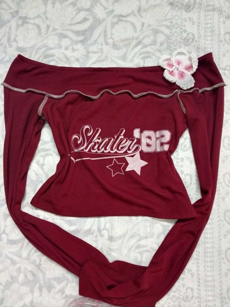 Maroon Y2k "Skater 82" Off-Shoulder Top