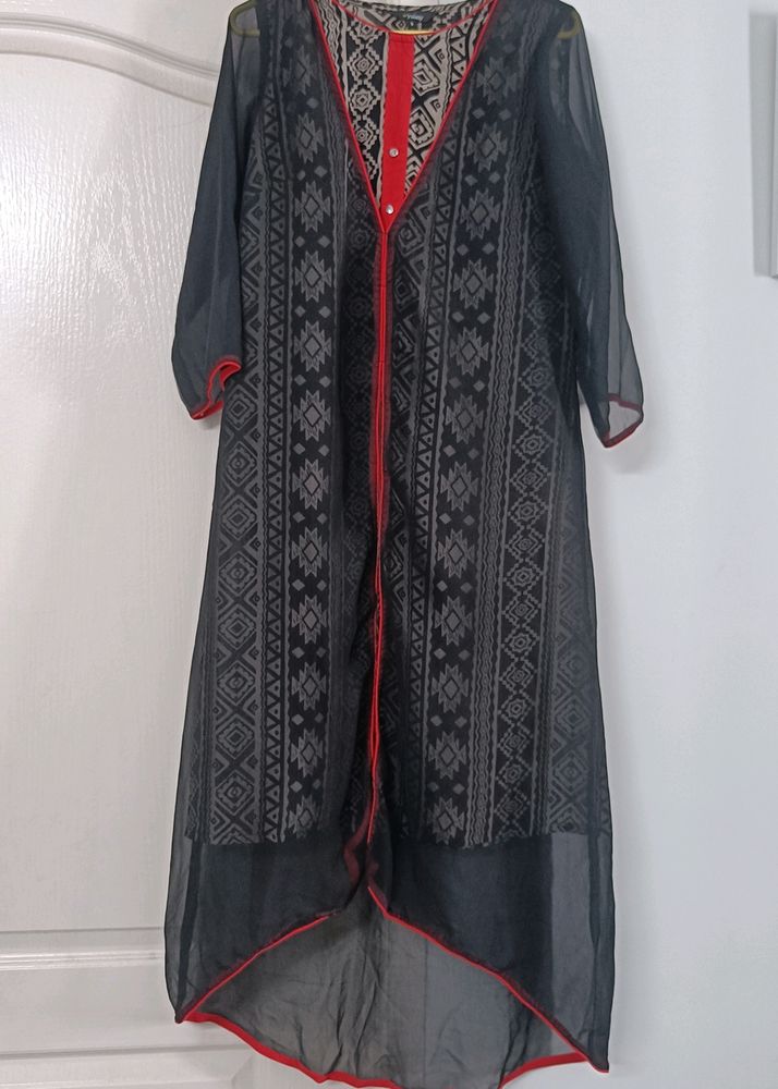 Layered Kurta/Dress - Black &amp; Beige w Pop Of Red