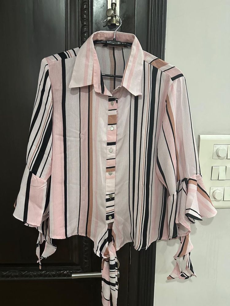 last price Stripe Top With Collar Neck