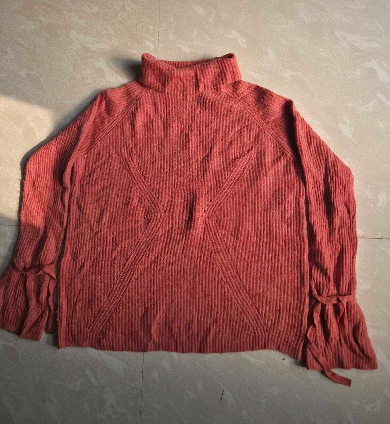 Coral Ribbed Mock Neck Bell Sleeve Sweater