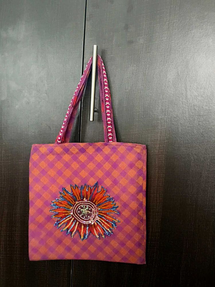 Handmade Beaded Flower Tote Bag