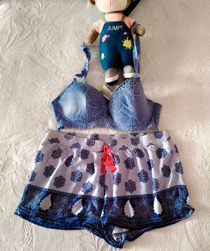Blue Lace Bra &amp; Sleep Shorts Set
