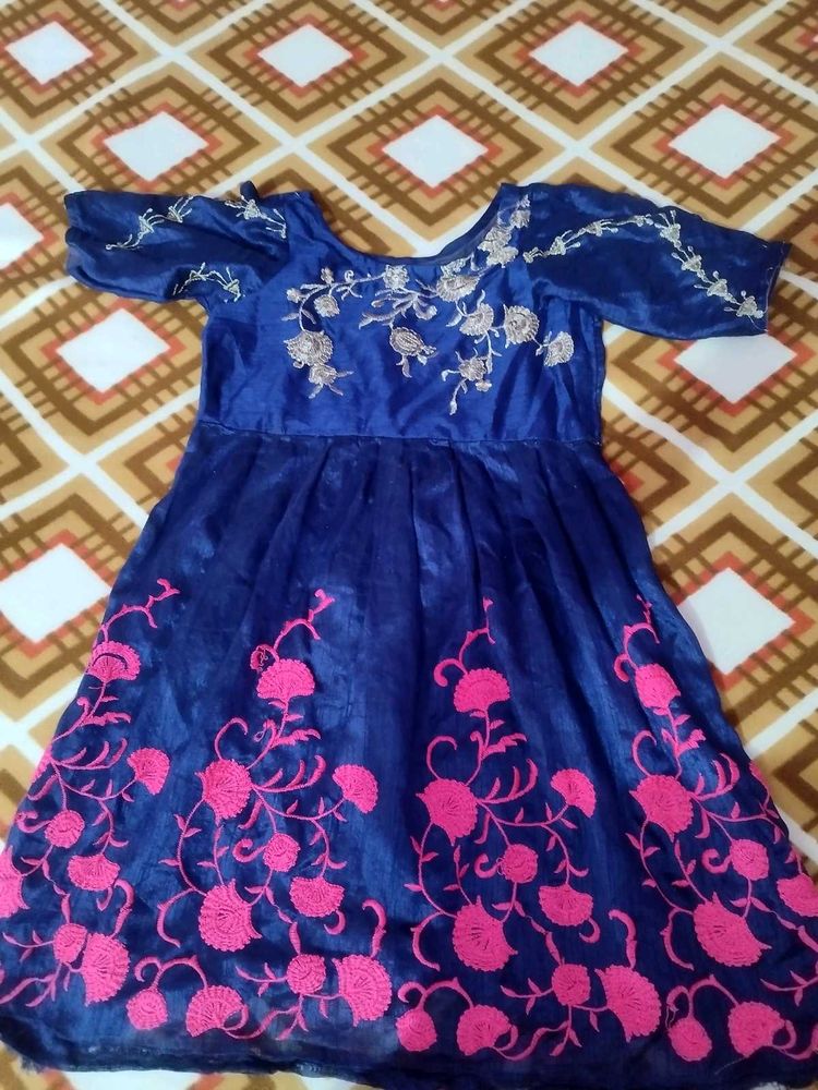 Elegant Blue frock Salwar set with Pink Embroidery