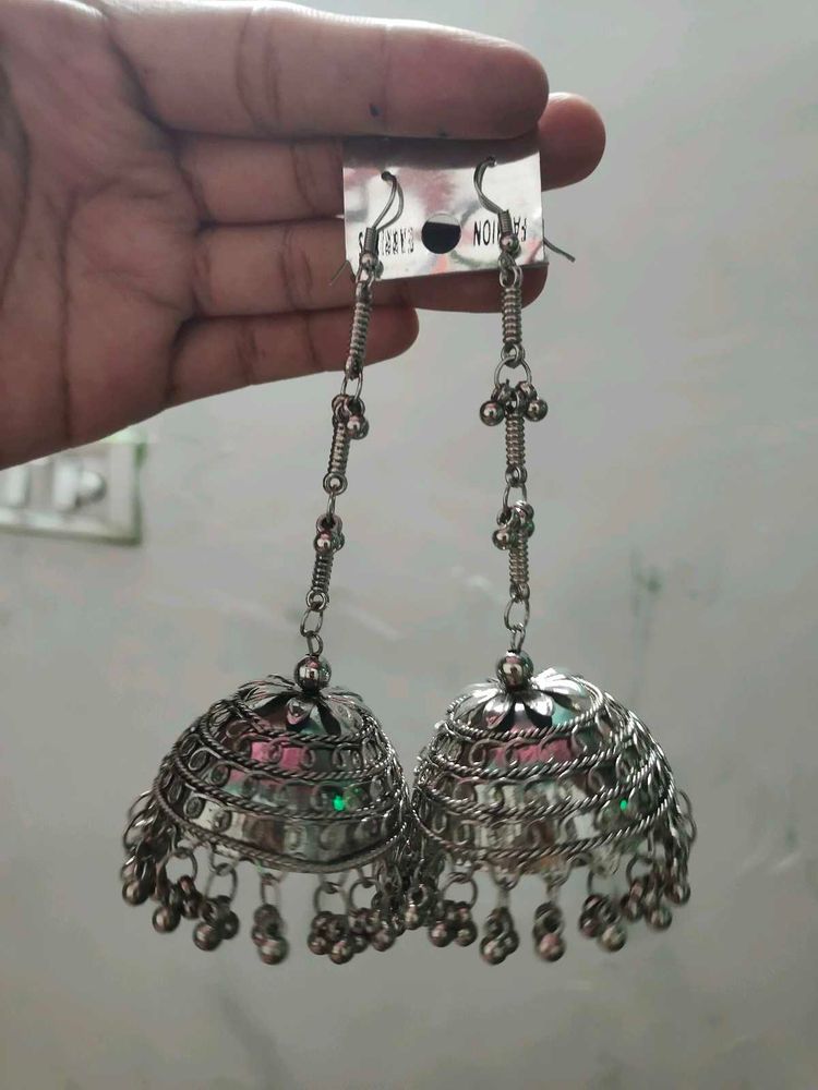 Elegant Oxidised Silver Jhumka Earrings