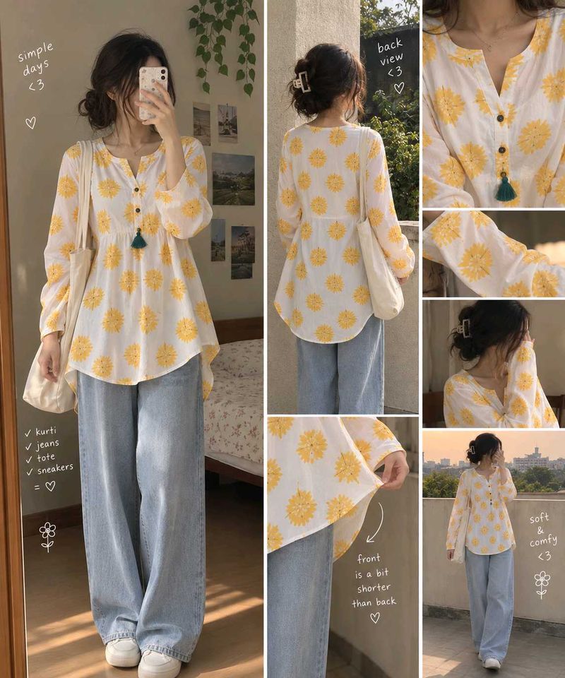 Yellow Sunflower Print Kurta