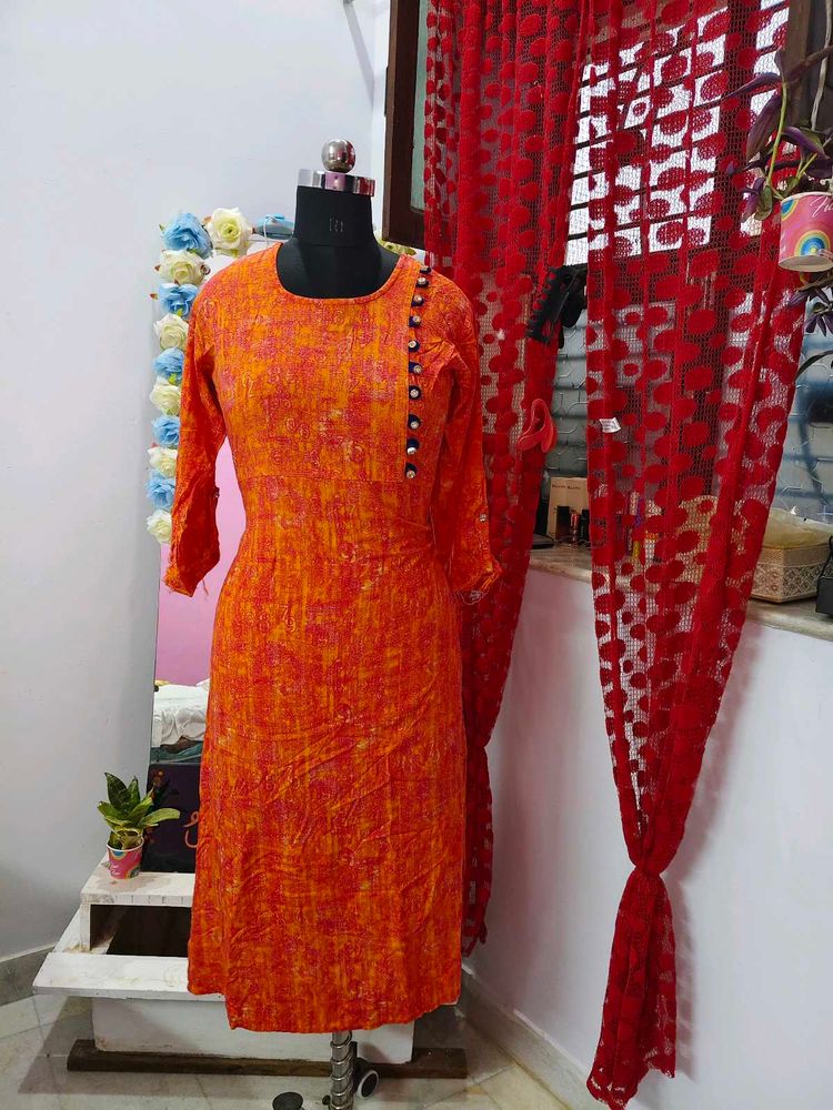 Vibrant Orange Printed Kurta