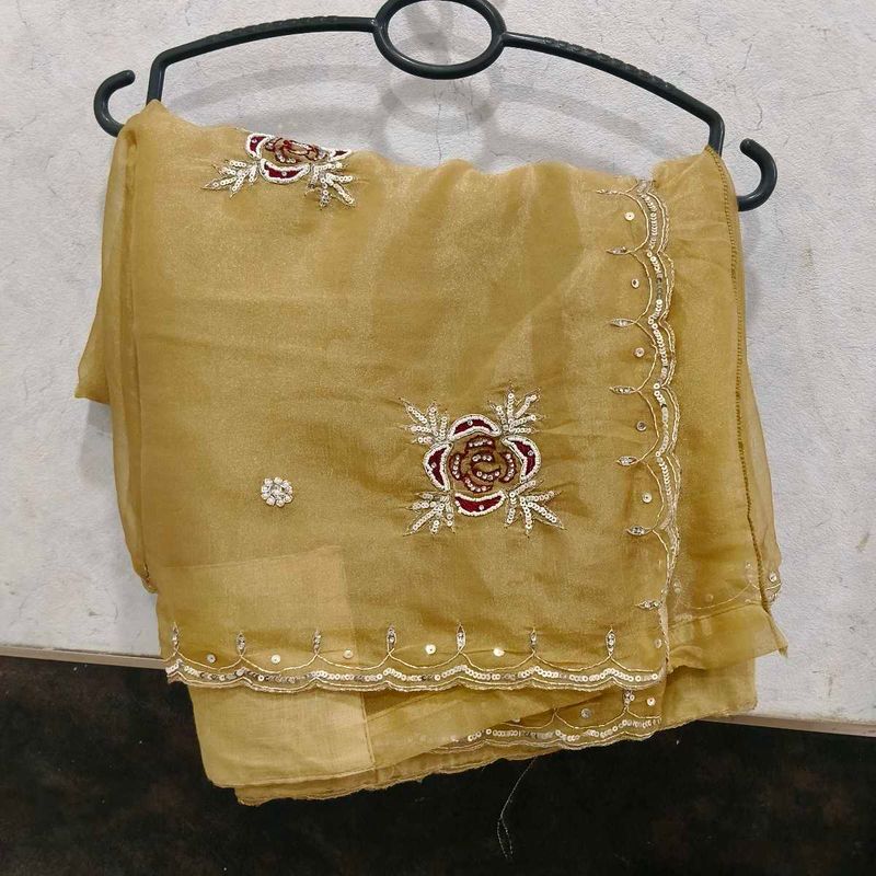 Elegant Golden Saree with Floral Embroidery