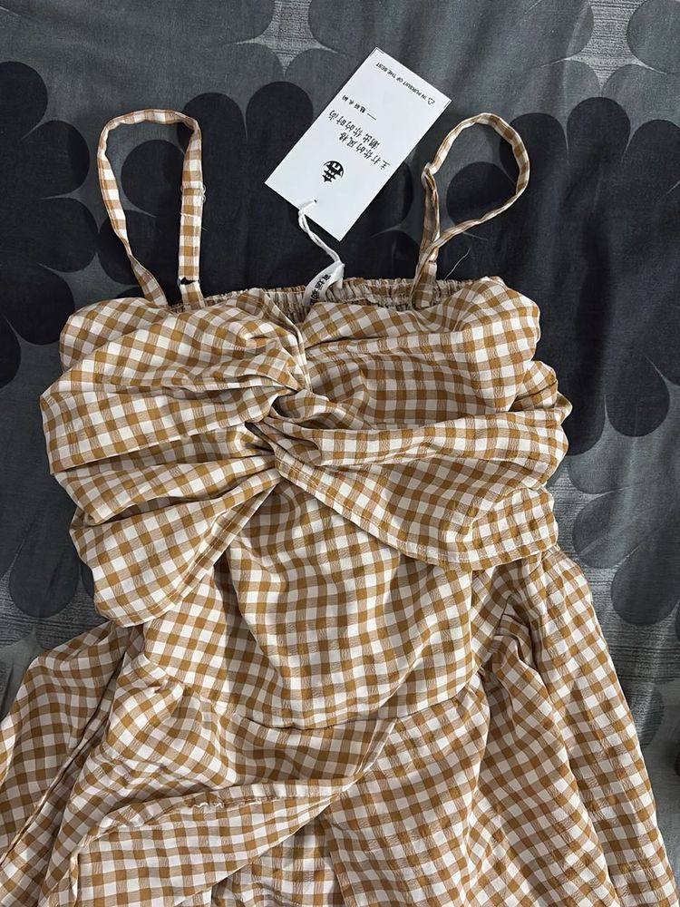 Gingham Check Seemingly Tie-Front Dress