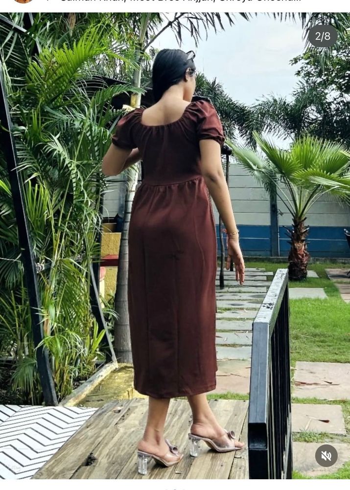 Chic Brown Puff Sleeve Midi Dress