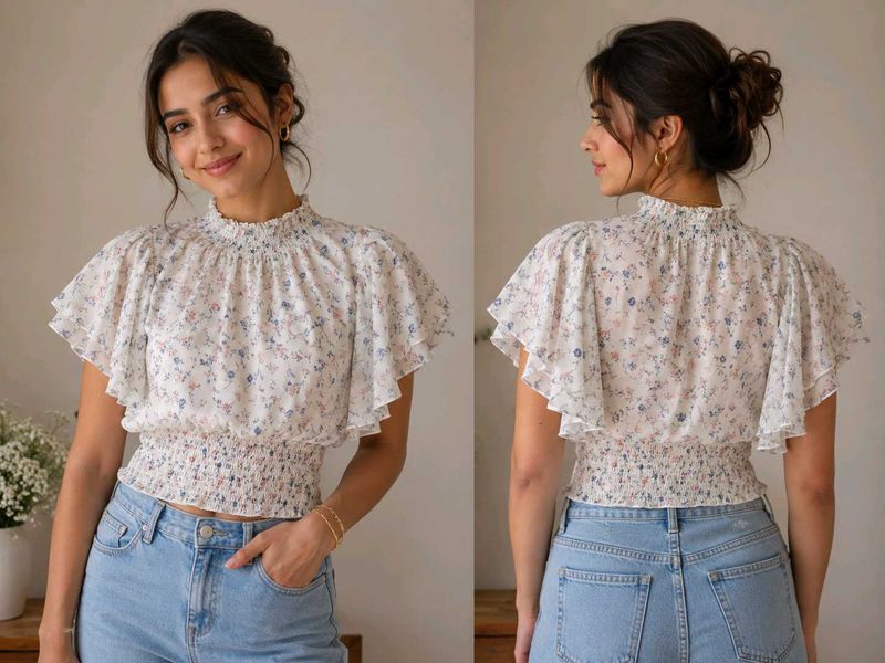 Chic Floral Print Smocked Top