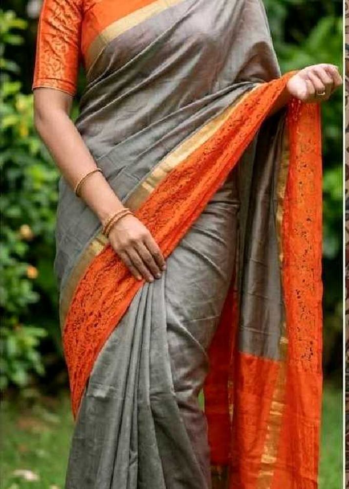 New Elegant Grey&amp;Orange LaceBorder CottonSilk Sar