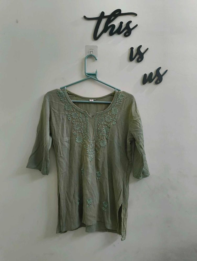 Chikinkari Short Kurti in Pista Colour...