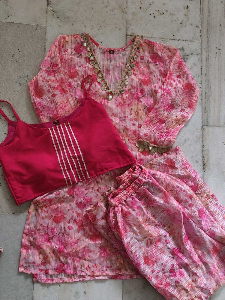 Beautiful Pink Floral Kurta Set with Mirror Work