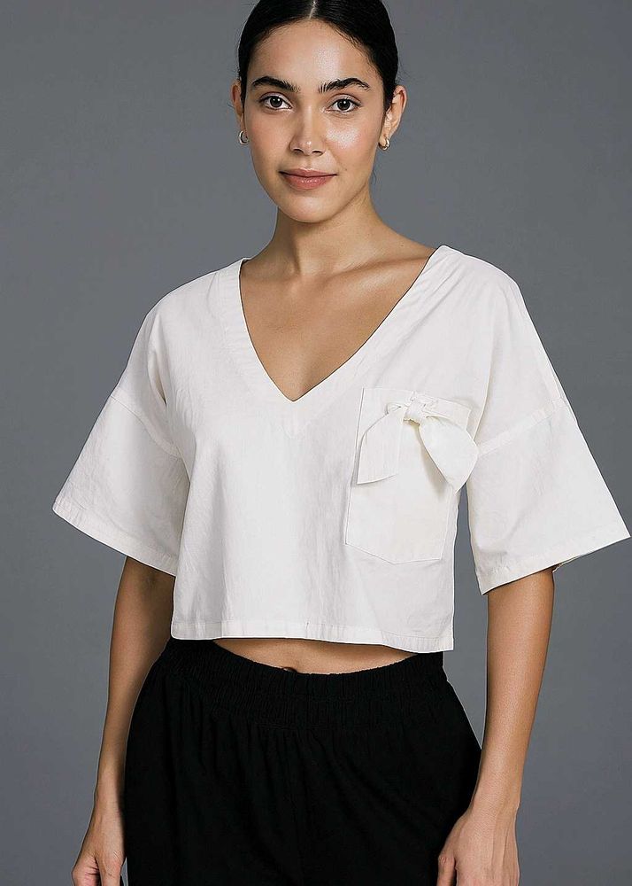 Cream Cropped V-Neck Top with Bow Pocket