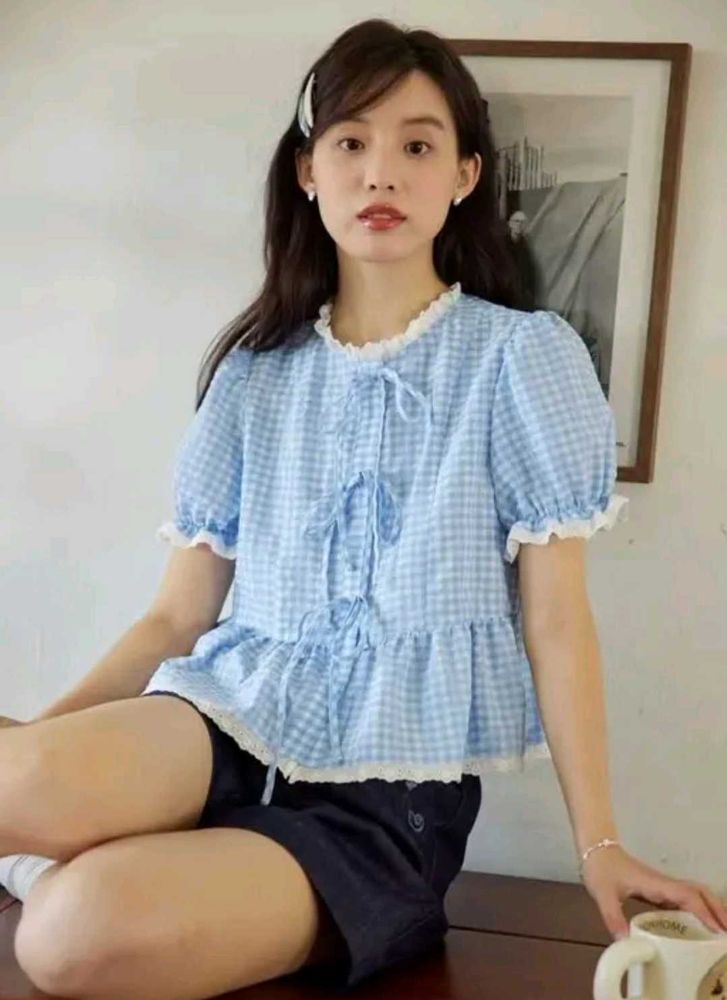 Cute Blue Gingham Peplum Top