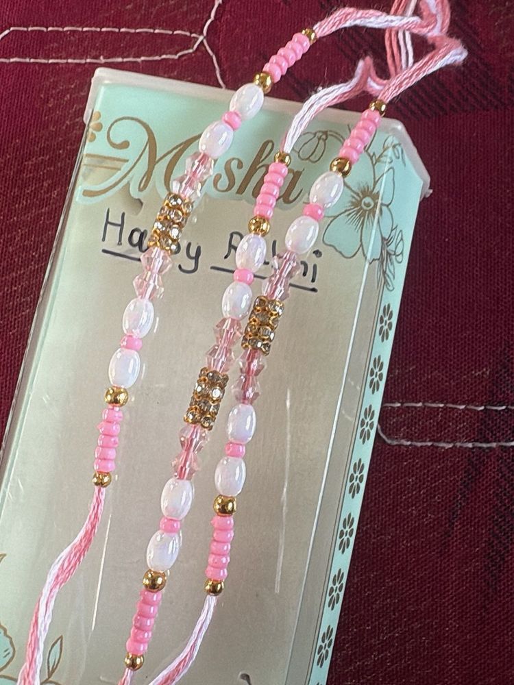 Cute Pink &amp; Gold Beaded Rakhi Set of 3