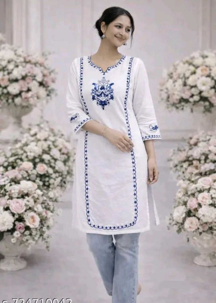 White Kurta with Blue Embroidery