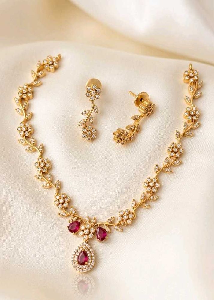Exquisite Floral Ruby and Diamond Necklace Set