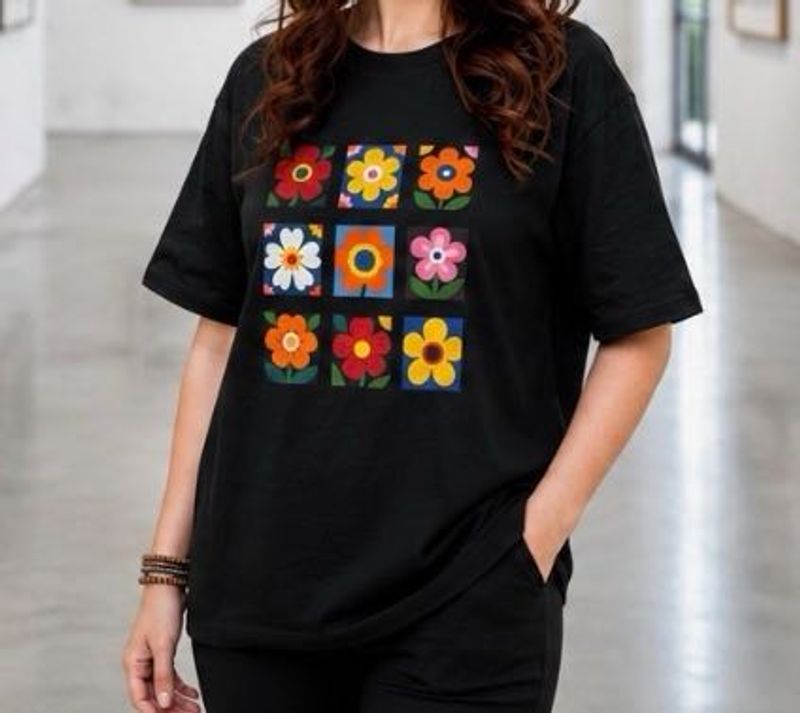 Black T-Shirt with Floral Graphic Print